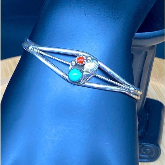 Jewelry - Ladies 925 small cuff bracelet 2 1/4” wide with coral and turquoise stones